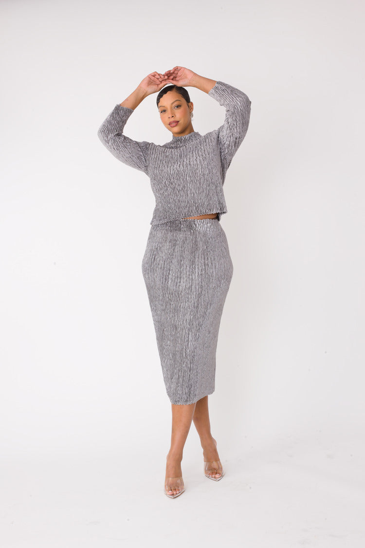 Grey velvet midi skirt set with elegant midi length and smooth velvet finish, alternate front pose, For Her NYC