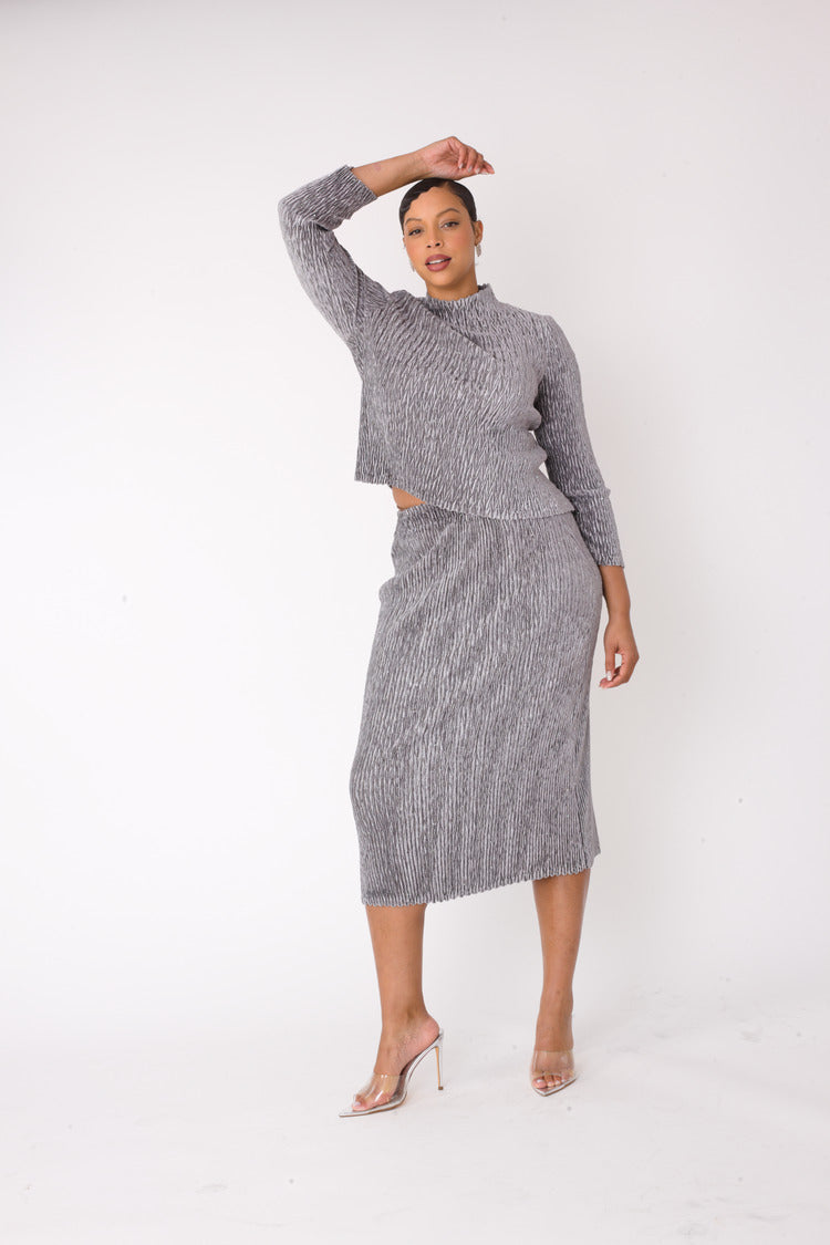 Grey velvet midi skirt set with long sleeve mock neck top and body-skimming midi skirt, front view, For Her NYC