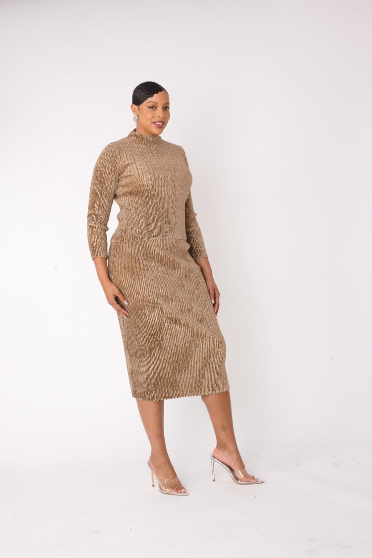 Khaki velvet midi skirt set showing side view with long sleeve mock neck top and fitted midi skirt, For Her NYC