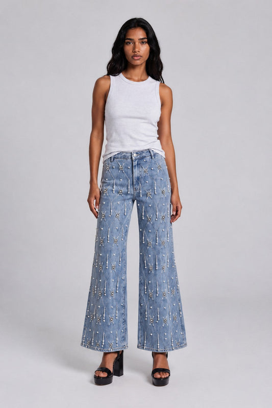 Pearl & Rhinestone Lattice Denim Jeans - 82852