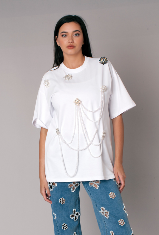 Pearl Chain Embellished Tee - 82888