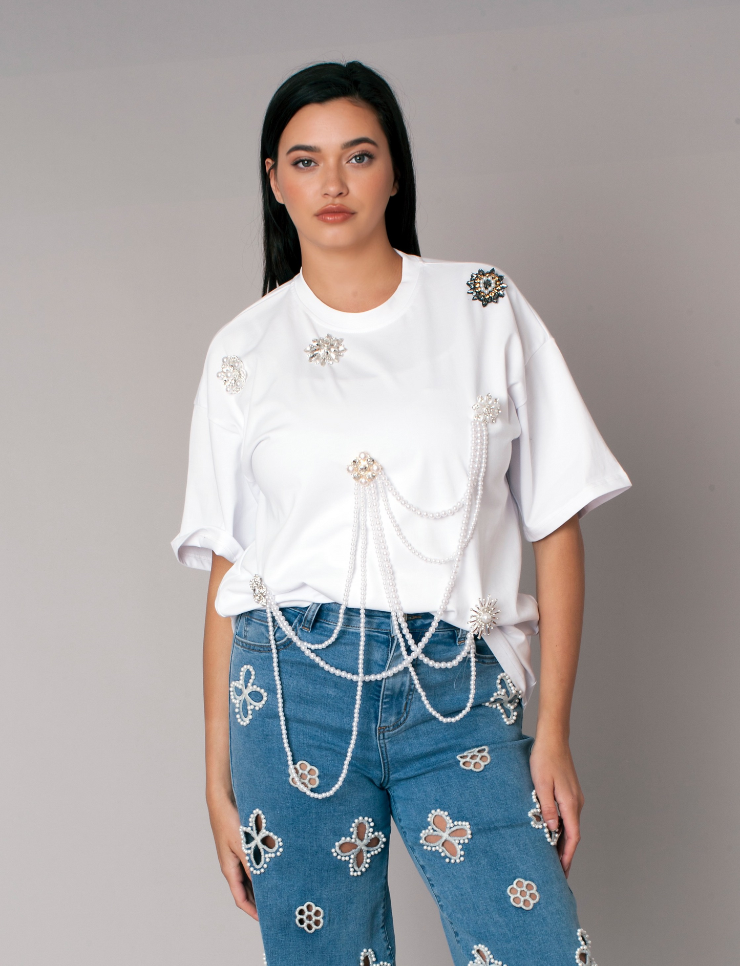 Pearl Chain Embellished Tee - 82888