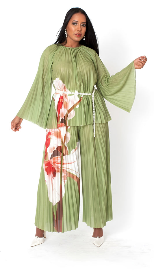 82907 olive pleated wide floral leg pant set front 