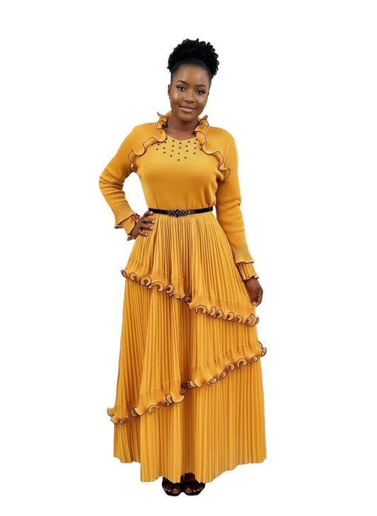 Pleated Ruffle Trim Maxi Dress - 82998