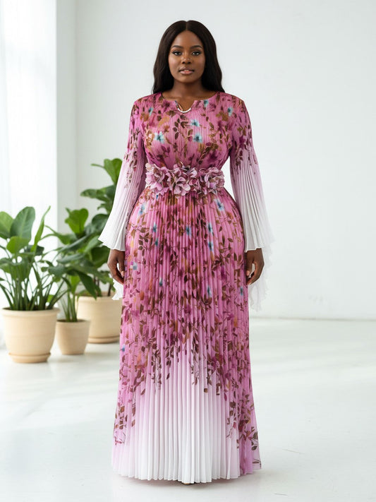 Floral Pleated Maxi Dress with Statement Waist - 83002