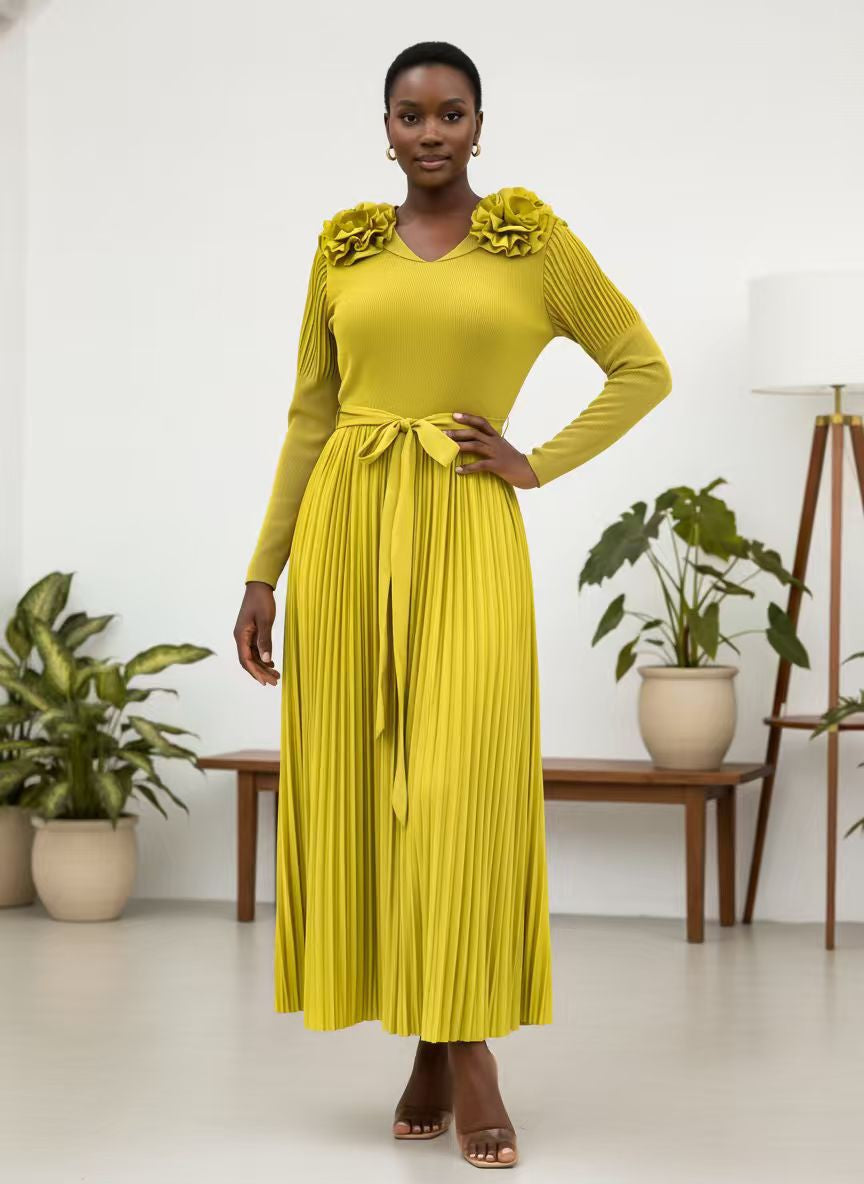 Pleated Rosette Shoulder Midi Dress - 83003