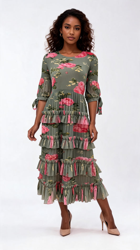Model wearing a floral tiered ruffle midi dress with soft rose print, sheer tie sleeves, and layered ruffle skirt, front pose, For Her NYC