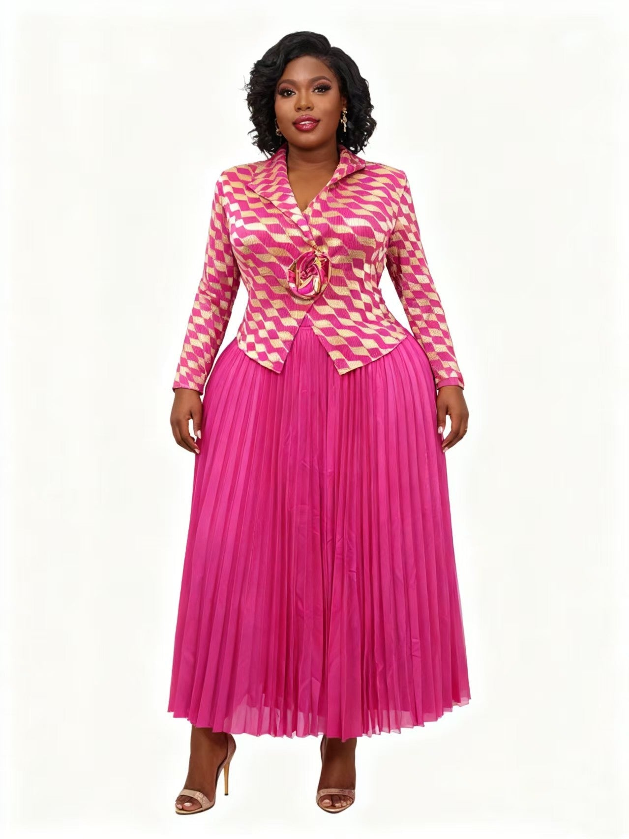 Rhombus Pleated Skirt Suit - 83008