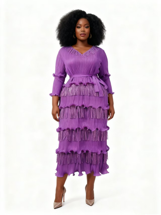 Tiered Fringe Pleated Midi Dress - 83011