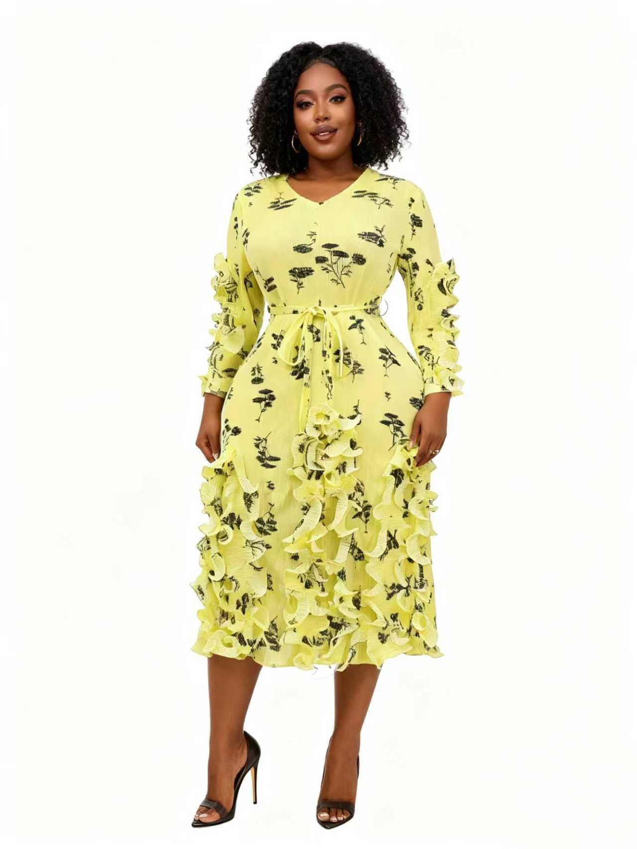 Ruffled Floral Tie-Waist Midi Dress - 83012