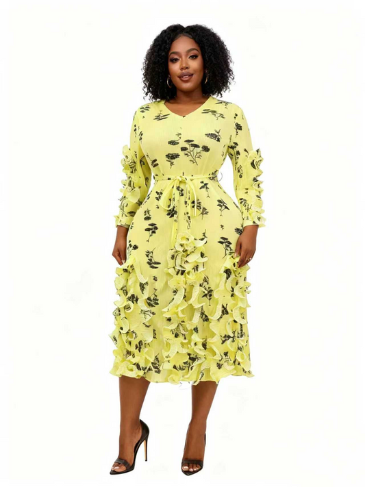 Ruffled Floral Tie-Waist Midi Dress - 83012