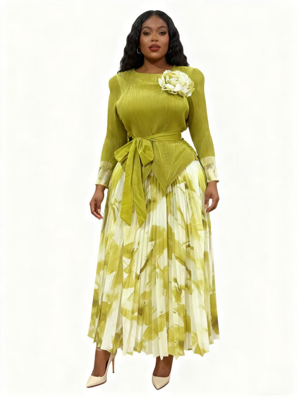 83013 Green / White Elegant floral pleated skirt set featuring a long sleeve textured top with waist tie and flower detail paired with a pleated midi skirt