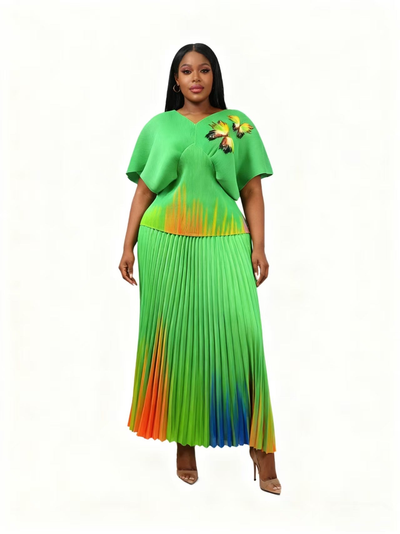 83016-green multi: Front view of model wearing a pleated skirt set with relaxed fit top and soft pleated skirt, For Her NYC