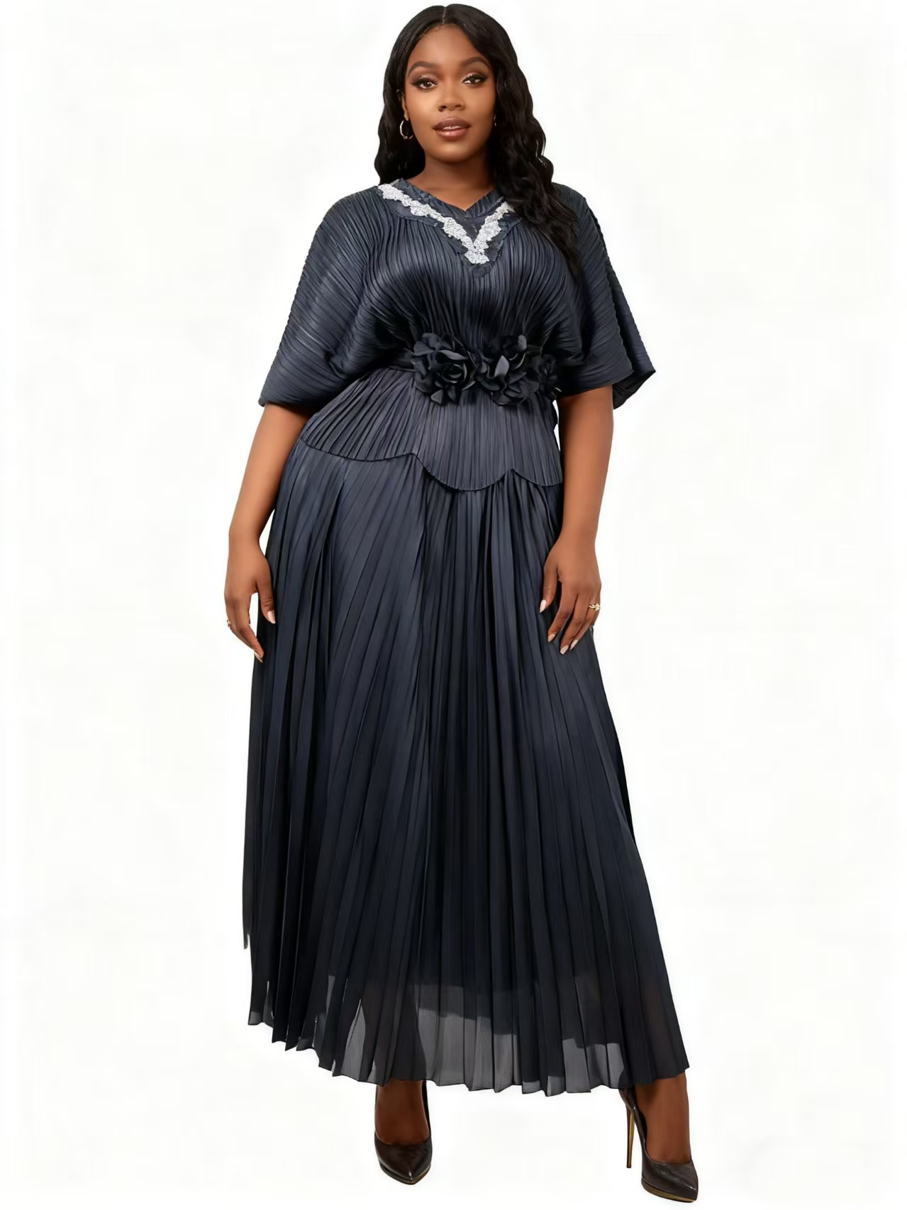 Pleated Floral Waist Midi Dress - 83021