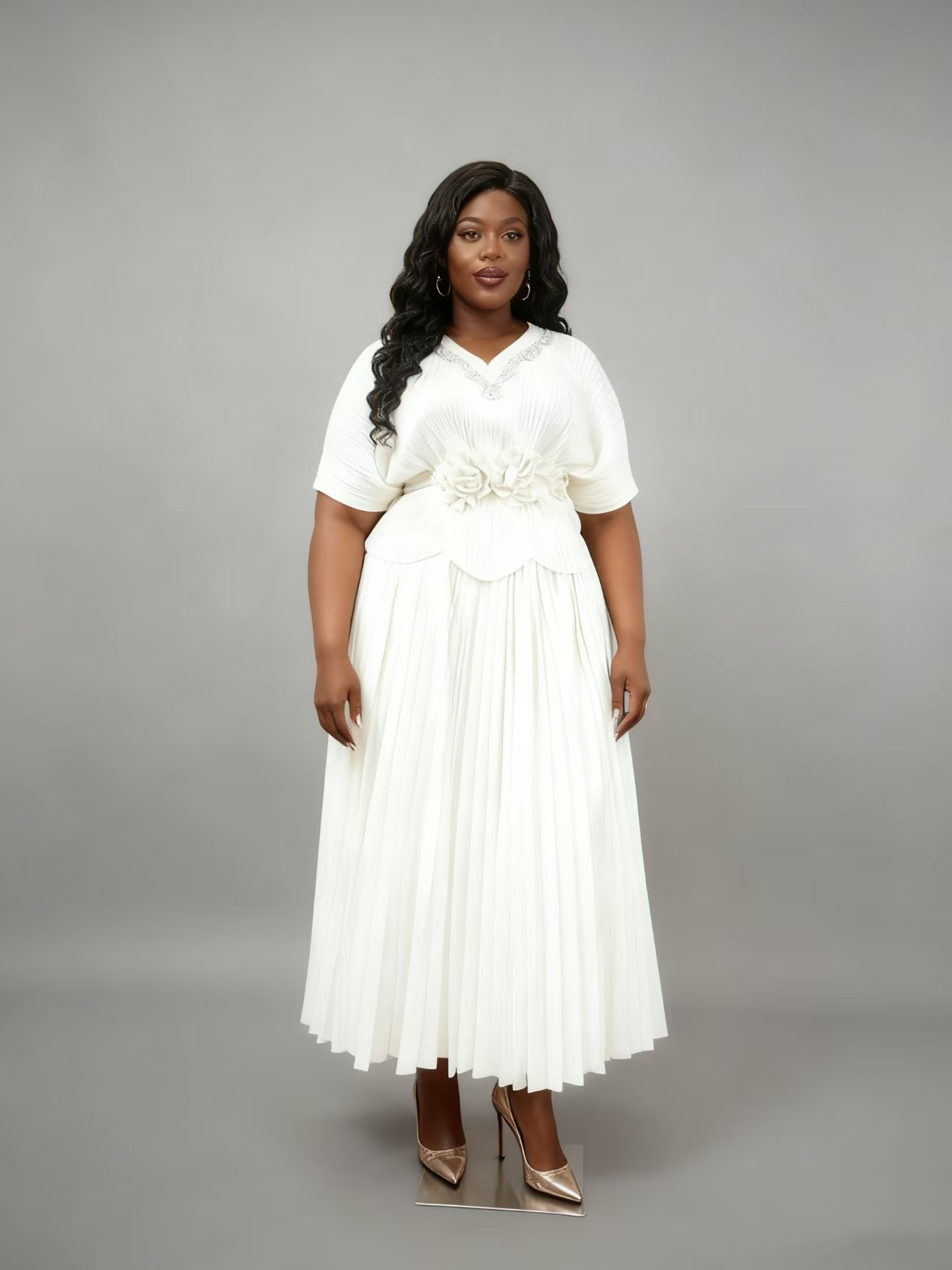 Pleated Floral Waist Midi Dress - 83021