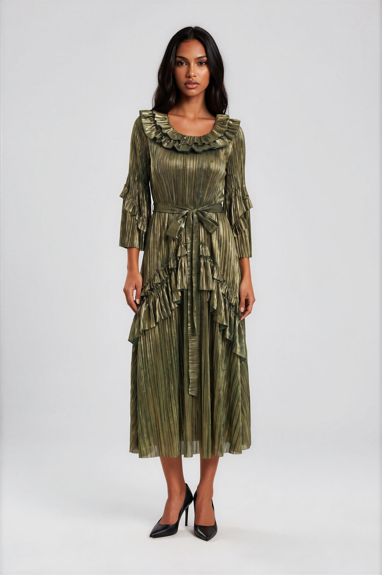 Metallic Pleated Ruffle Midi Dress - 83027