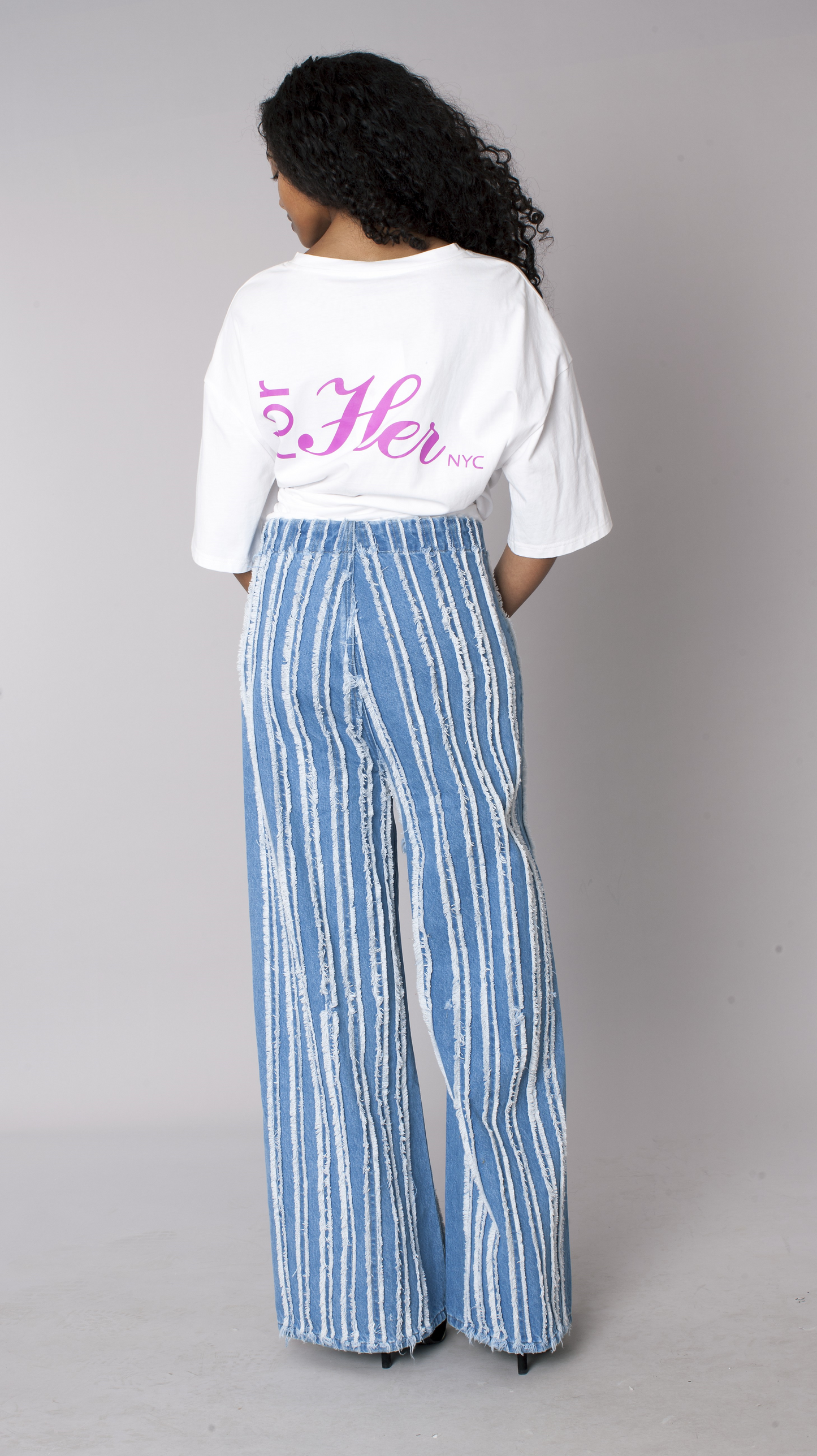 Vertical Distressed Stripe Denim Jeans - 83036