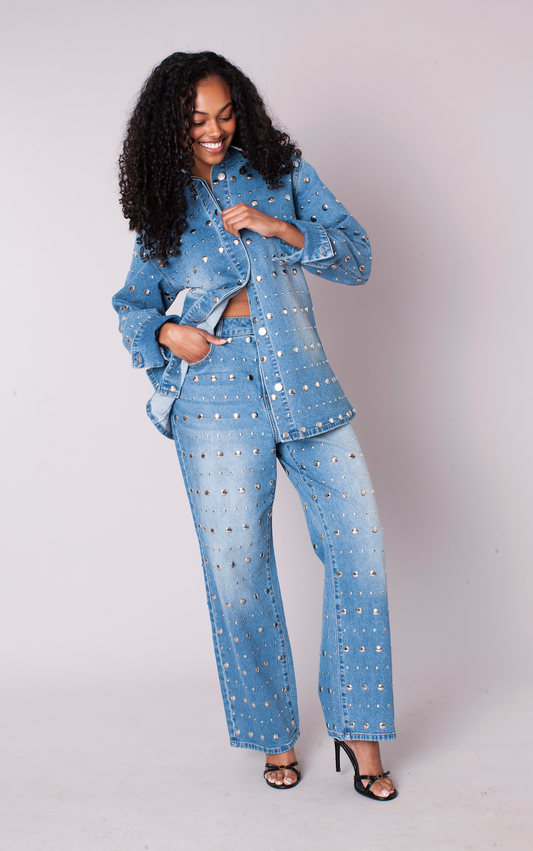 Mirror Stud Wide Leg Denim Jeans - 83037