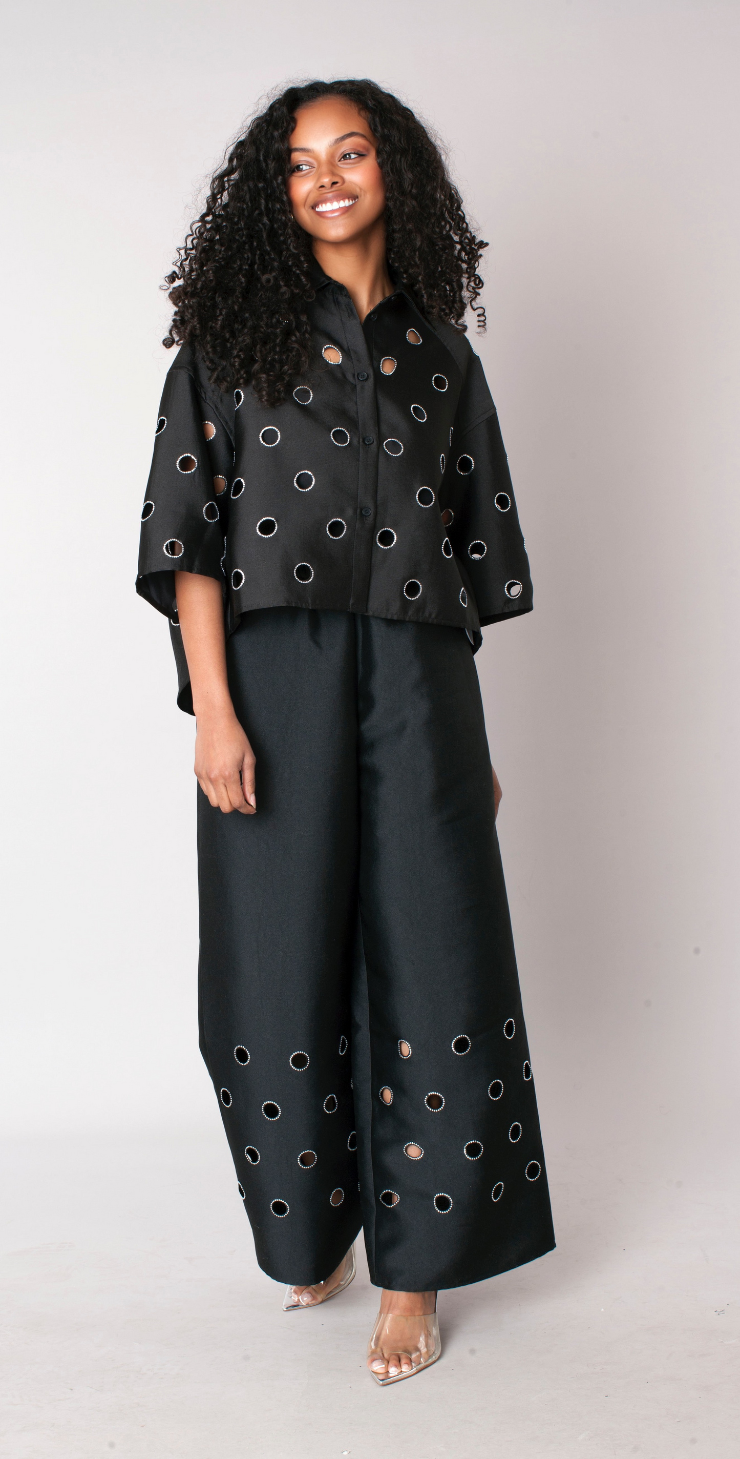 Cutout Grommet Cropped Button Down Top - 83038