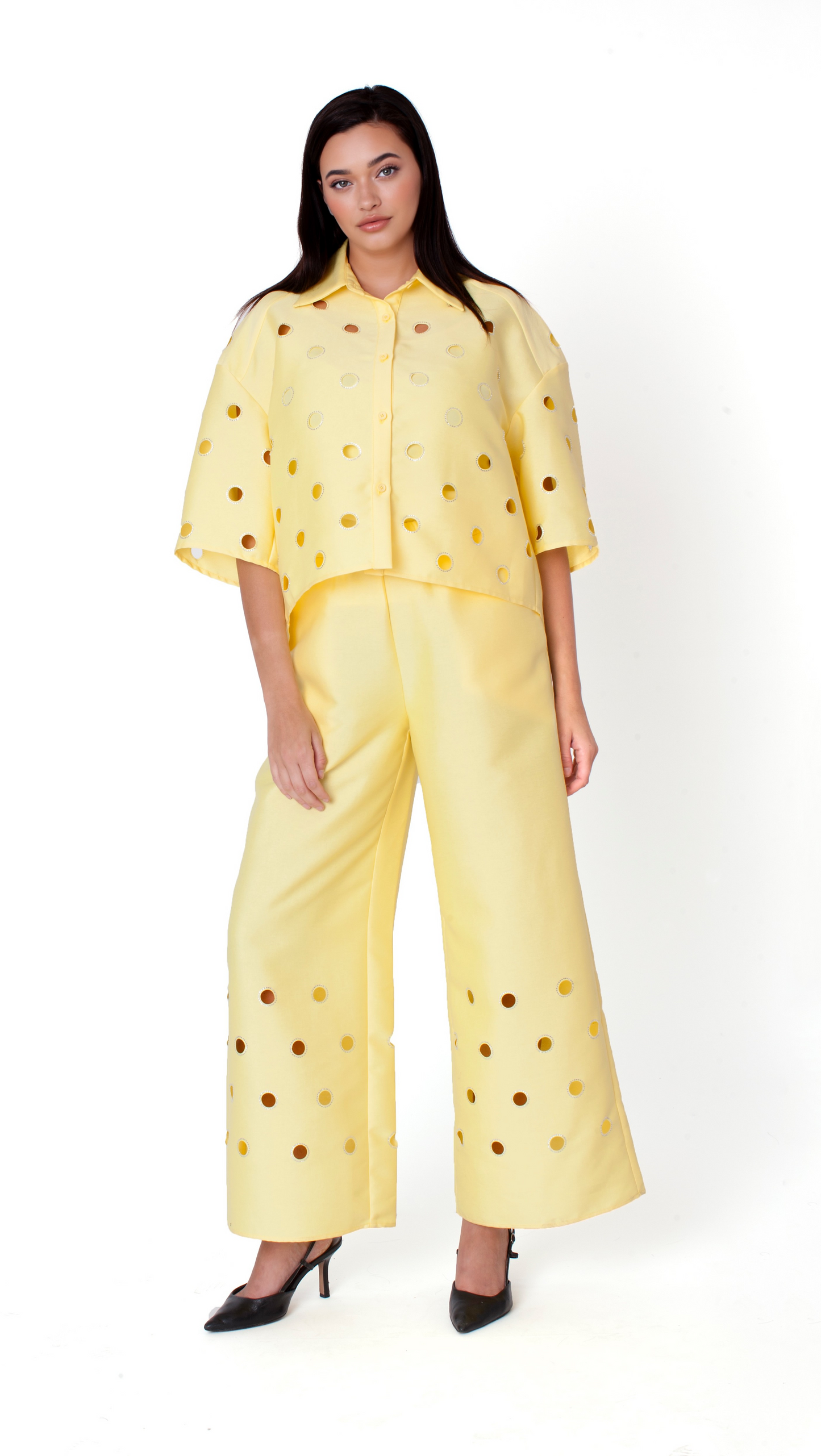 Cutout Grommet Cropped Button Down Top - 83038