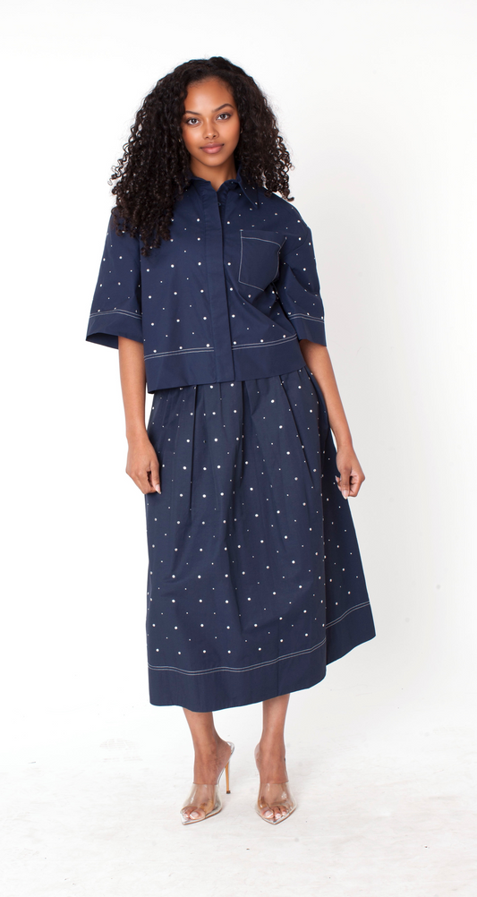 Studded Cropped Button-Up Shirt - 83044