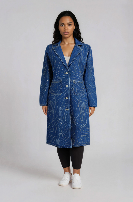 Rhinestone Swirl Denim Duster Coat - 83070