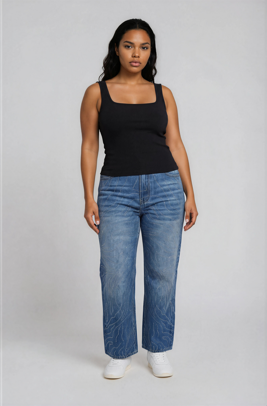 Rhinestone Swirl Wide-Leg Denim Jeans - 83071