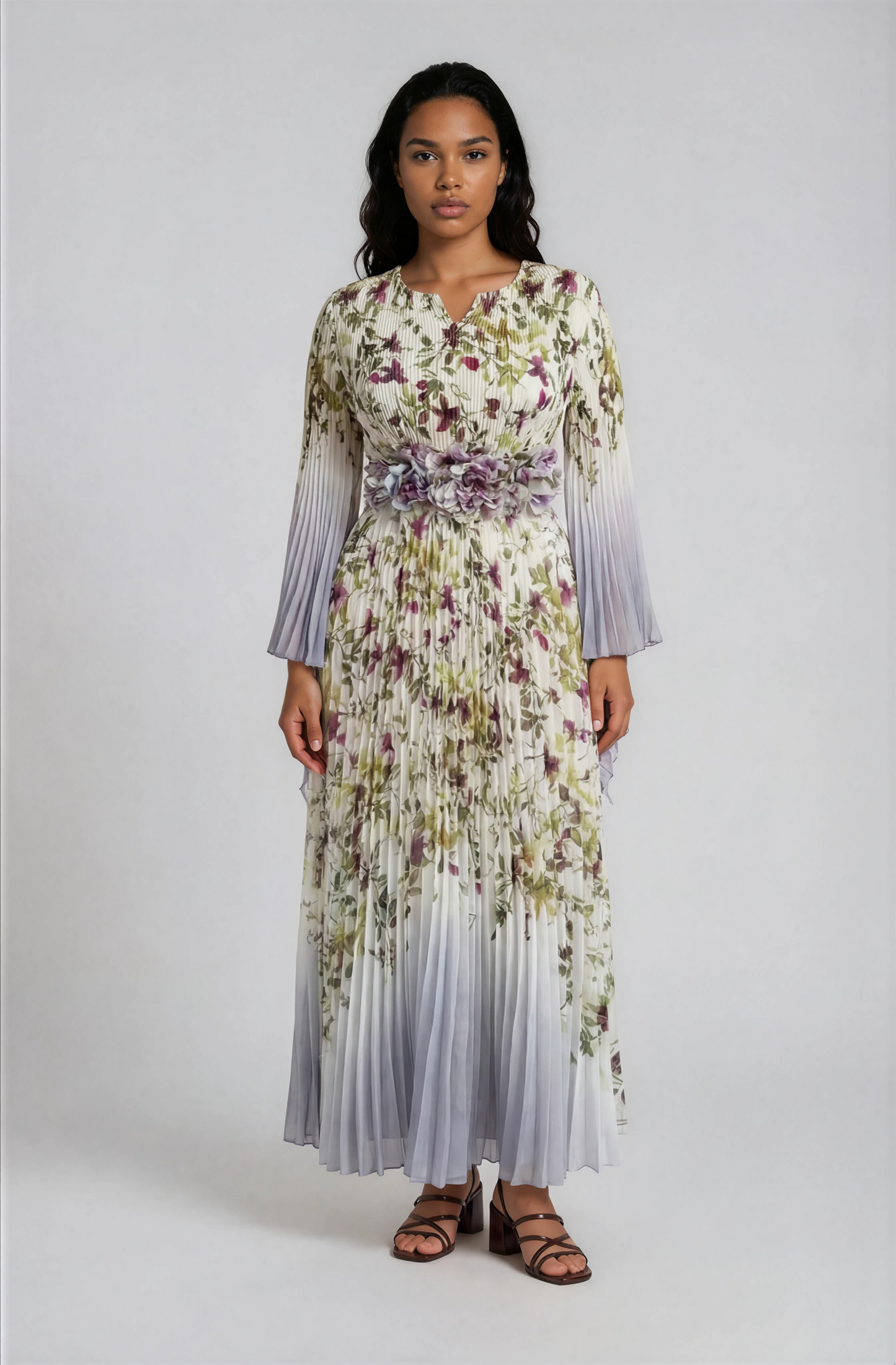 Floral Pleated Maxi Dress with Ombre Sleeves - 83300