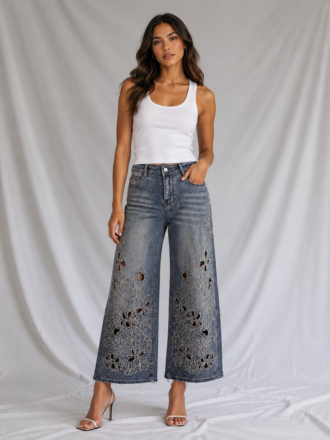 Crystal Floral Embellished Wide-Leg Jeans - 83303