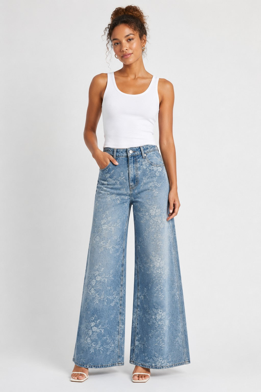 Floral Washed Wide-Leg Denim Pants - 83329