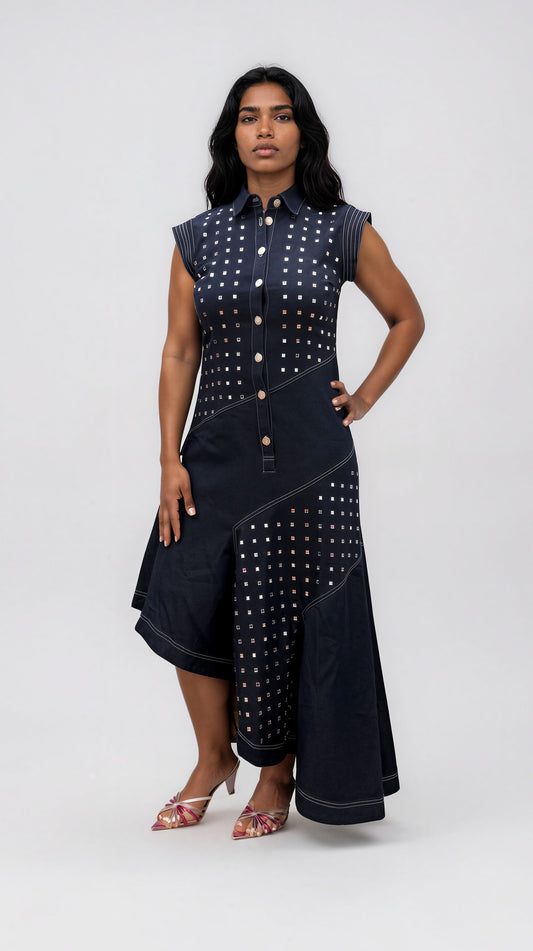 Crystal Stud Asymmetrical Denim Maxi Dress - 83331