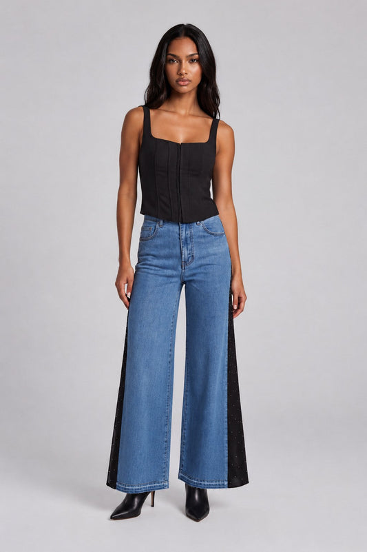 Crystal Drape Panel Denim Jeans - 83334