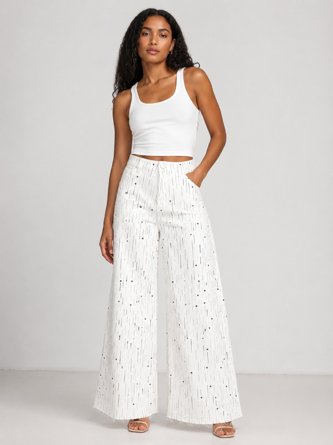 Crystal Stardust Embellished White Denim Jeans - 83337