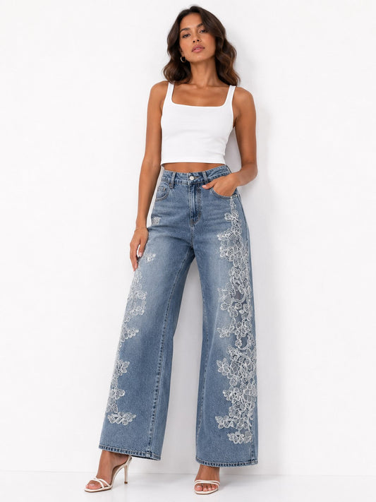 Ivory Lace Embellished Denim - 83383