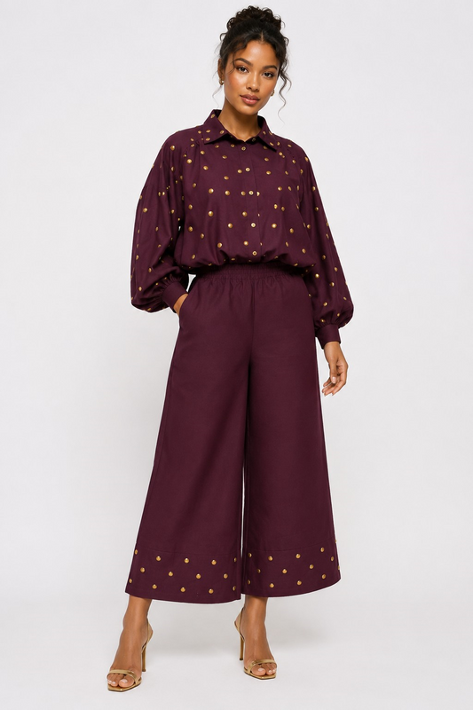Gold Stud Embellished Wide-Leg Pant Set - 83503