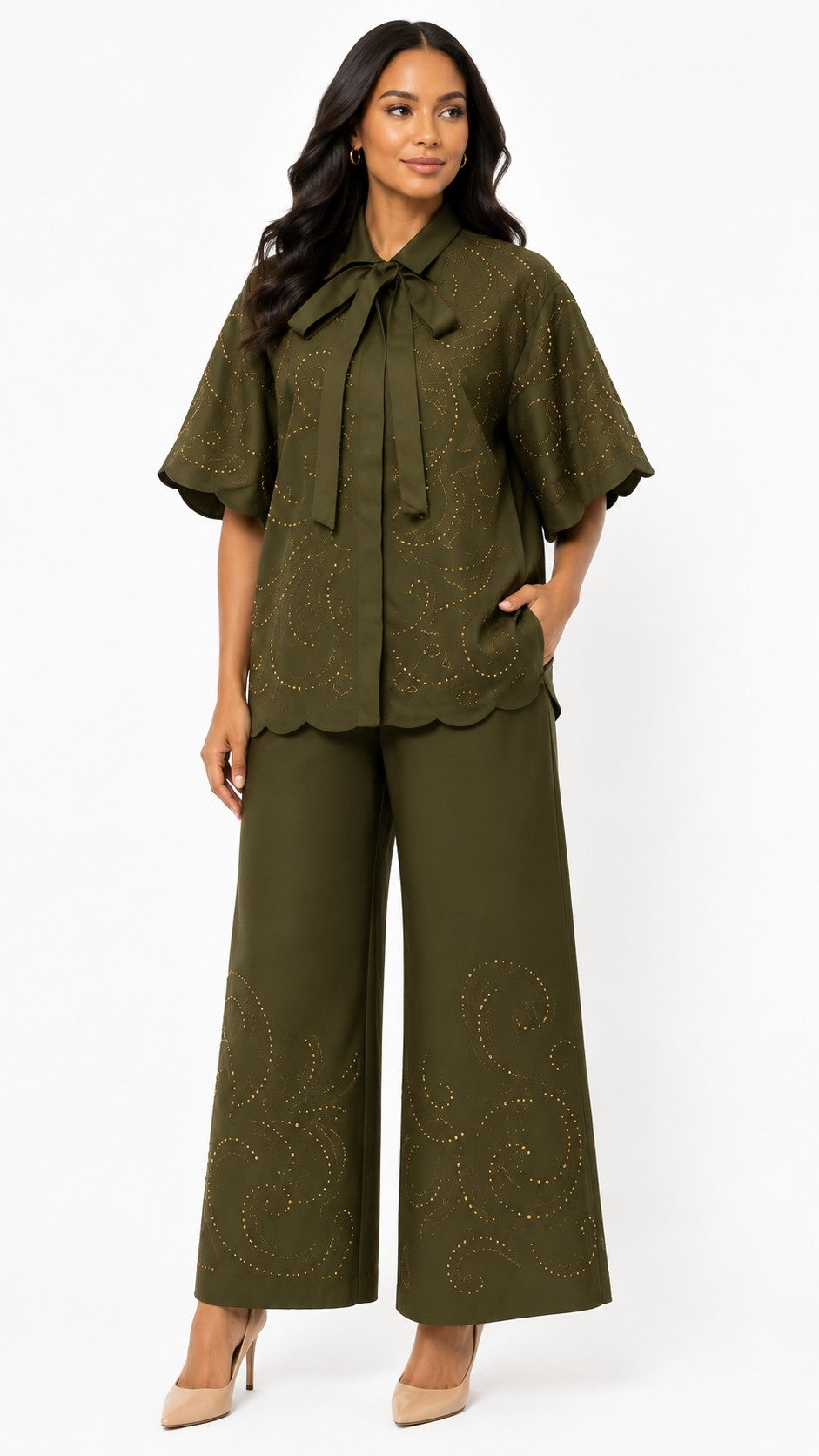 Rhinestone Swirl Bow-Neck Pant Set - 83518