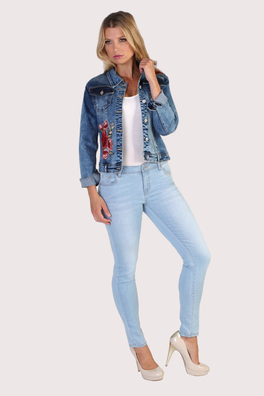 Blue denim embroidered jacket featuring floral embroidery with a classic silhouette, front view, For Her NYC