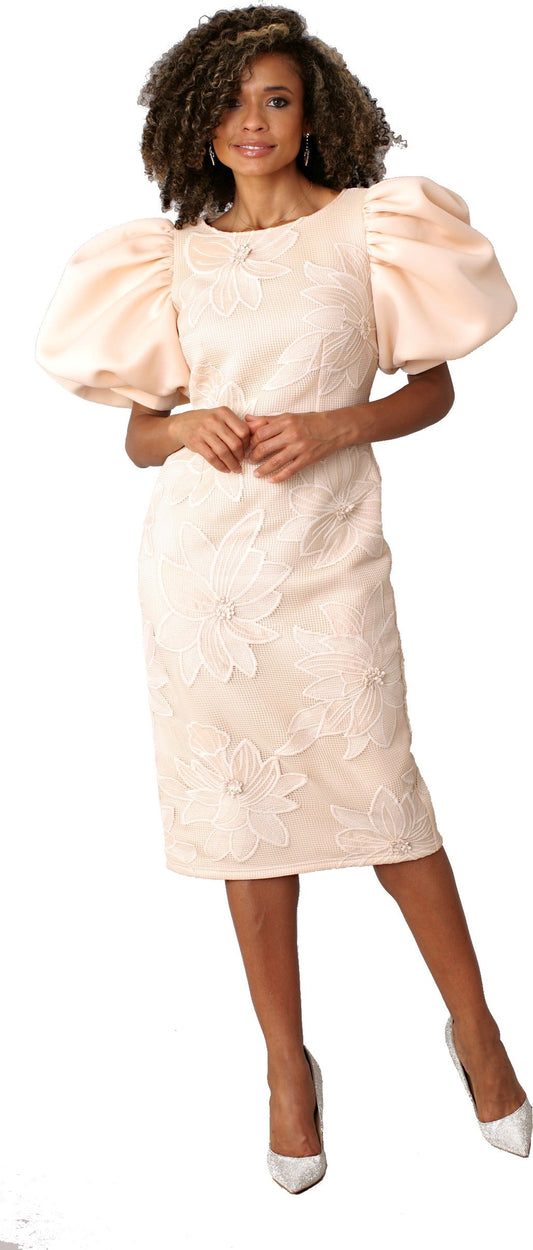Nude floral jacquard puff sleeve midi dress worn by model standing with hands clasped in front – Tally Taylor