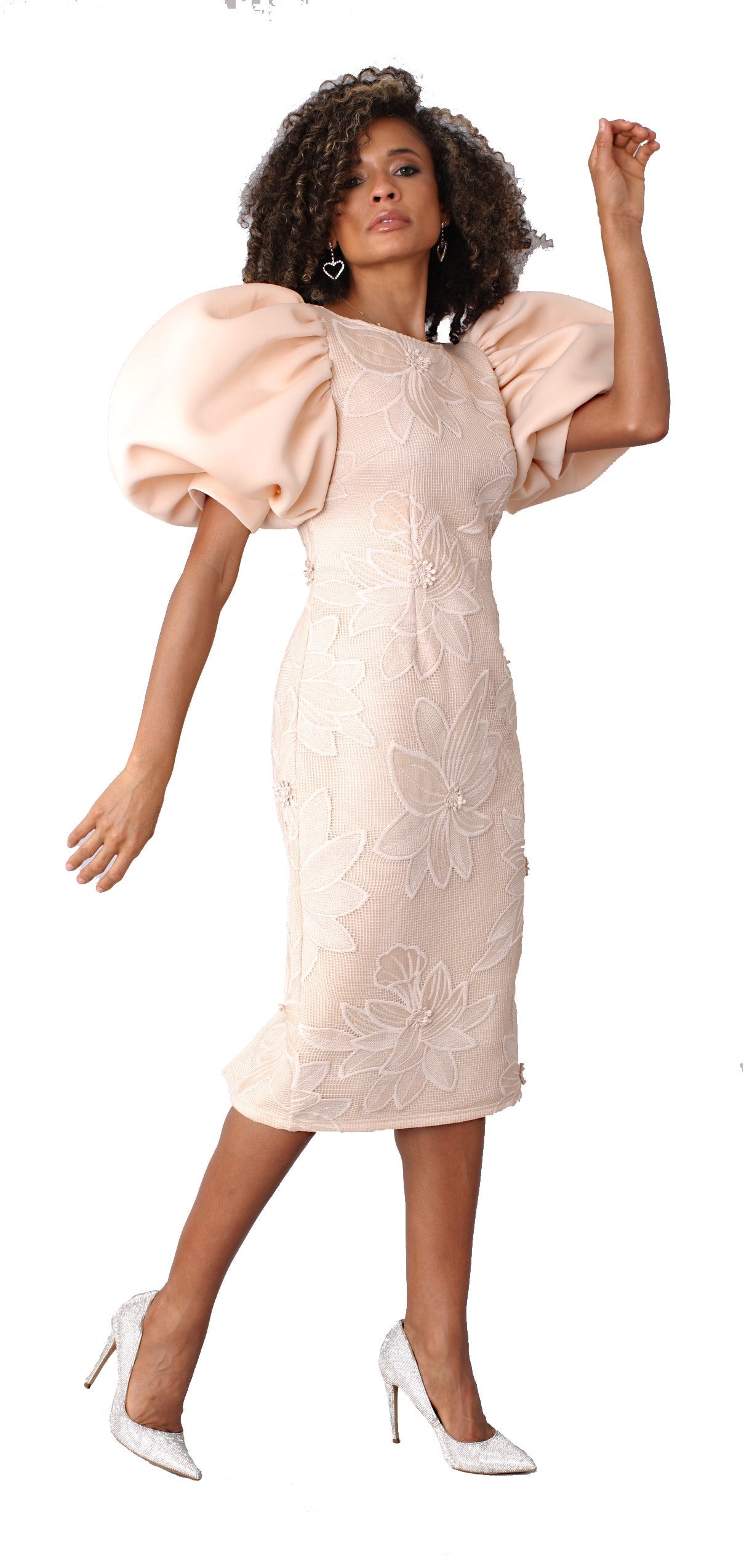 Floral Jacquard Puff Sleeve Midi Dress