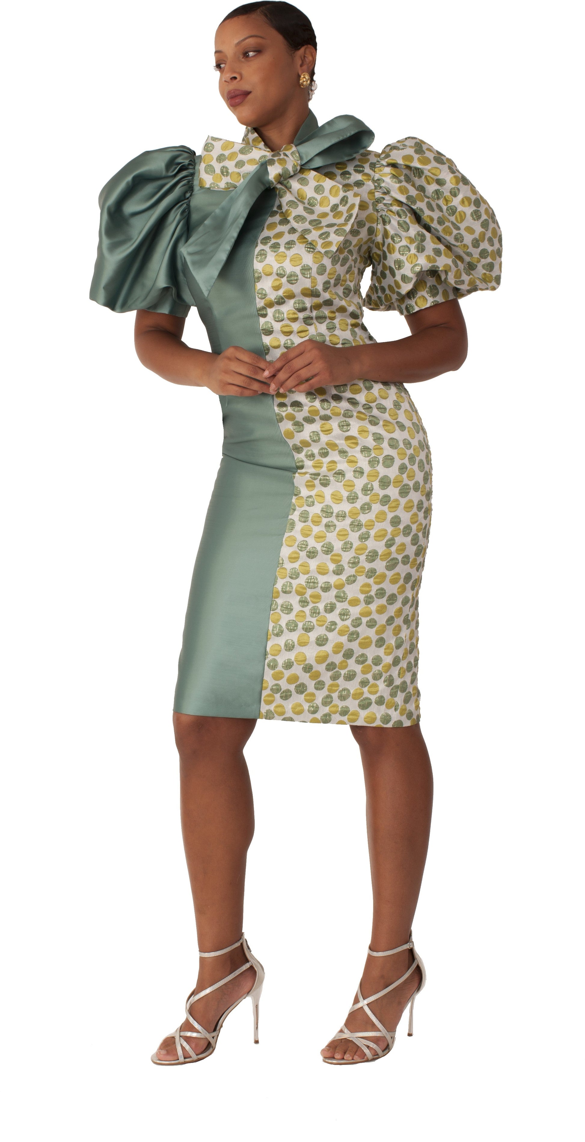 Olivi multi Polka Dot Puff Sleeve Dress with Bow