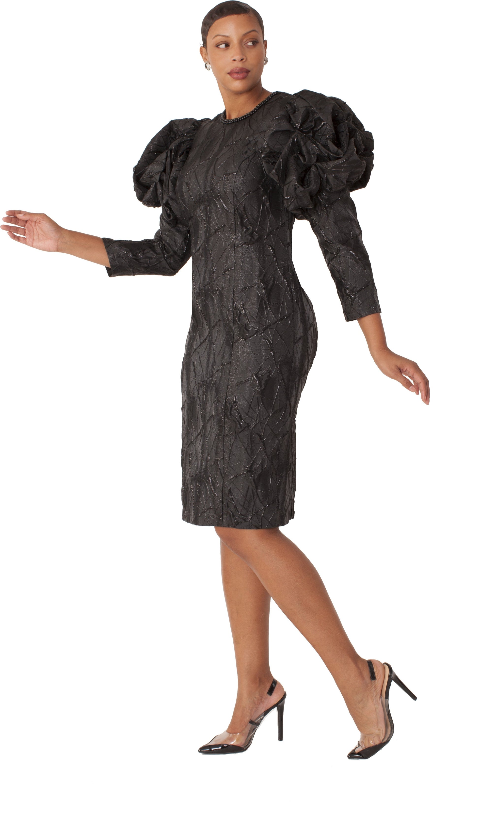 Champagne Crinkle Metallic Puff Sleeve Dress