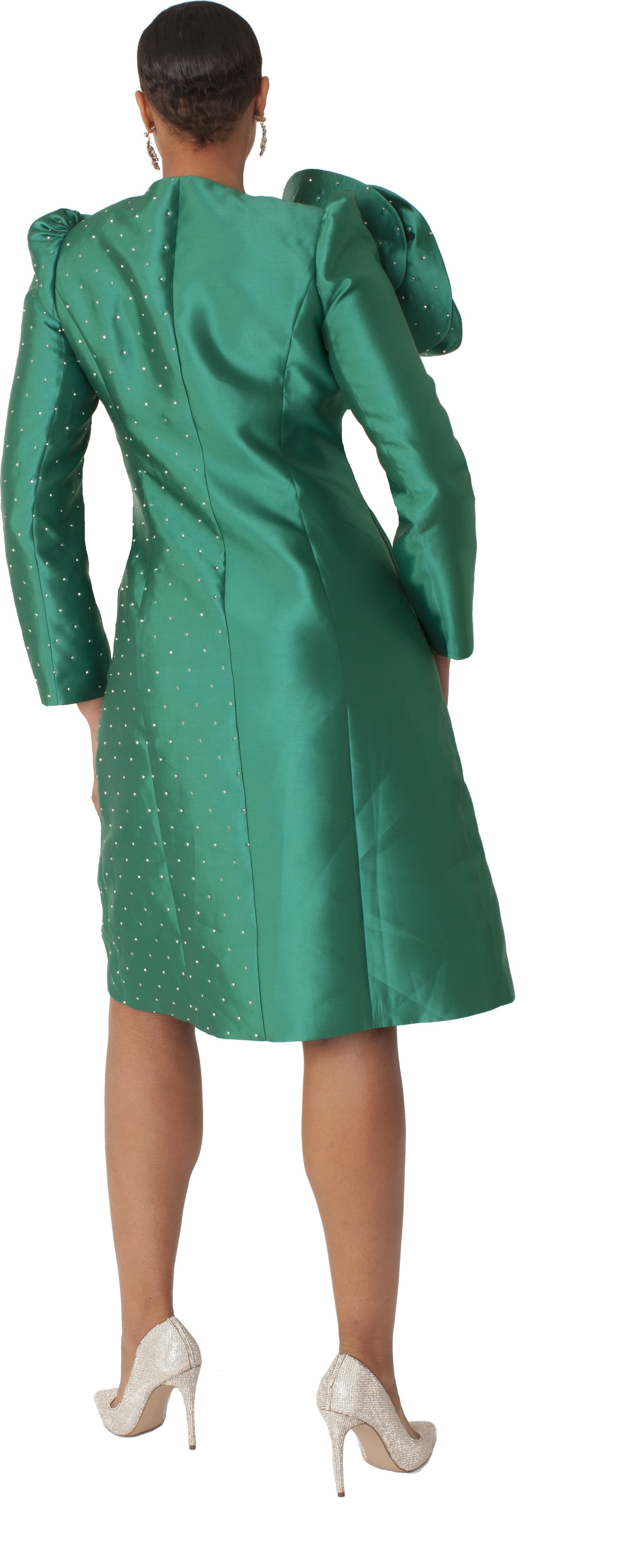 Back view of emerald pearl studded floral applique coat dress, Tally Taylor