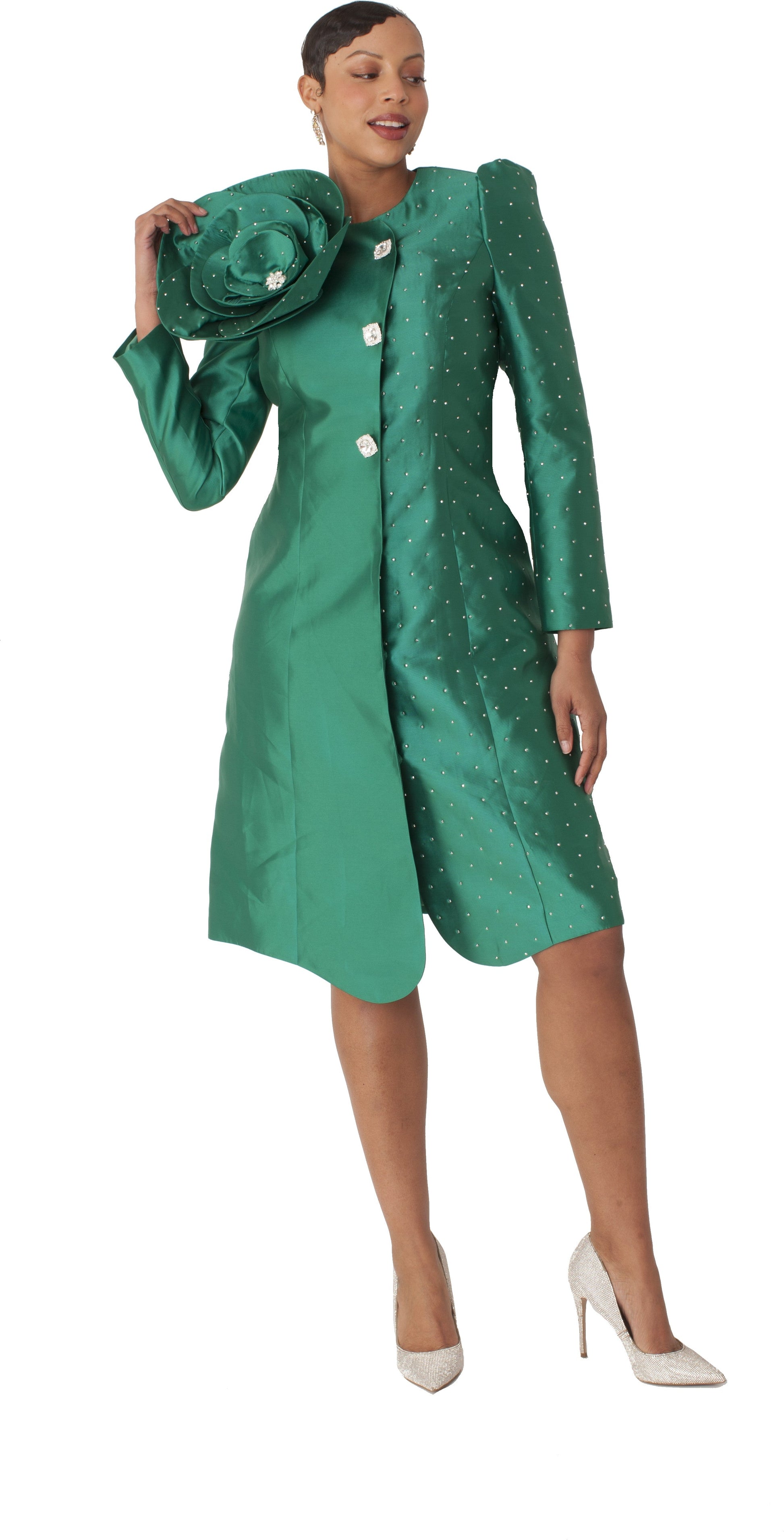 Emerald pearl studded floral applique coat dress with statement shoulder flower, front walking view, Tally Taylor
