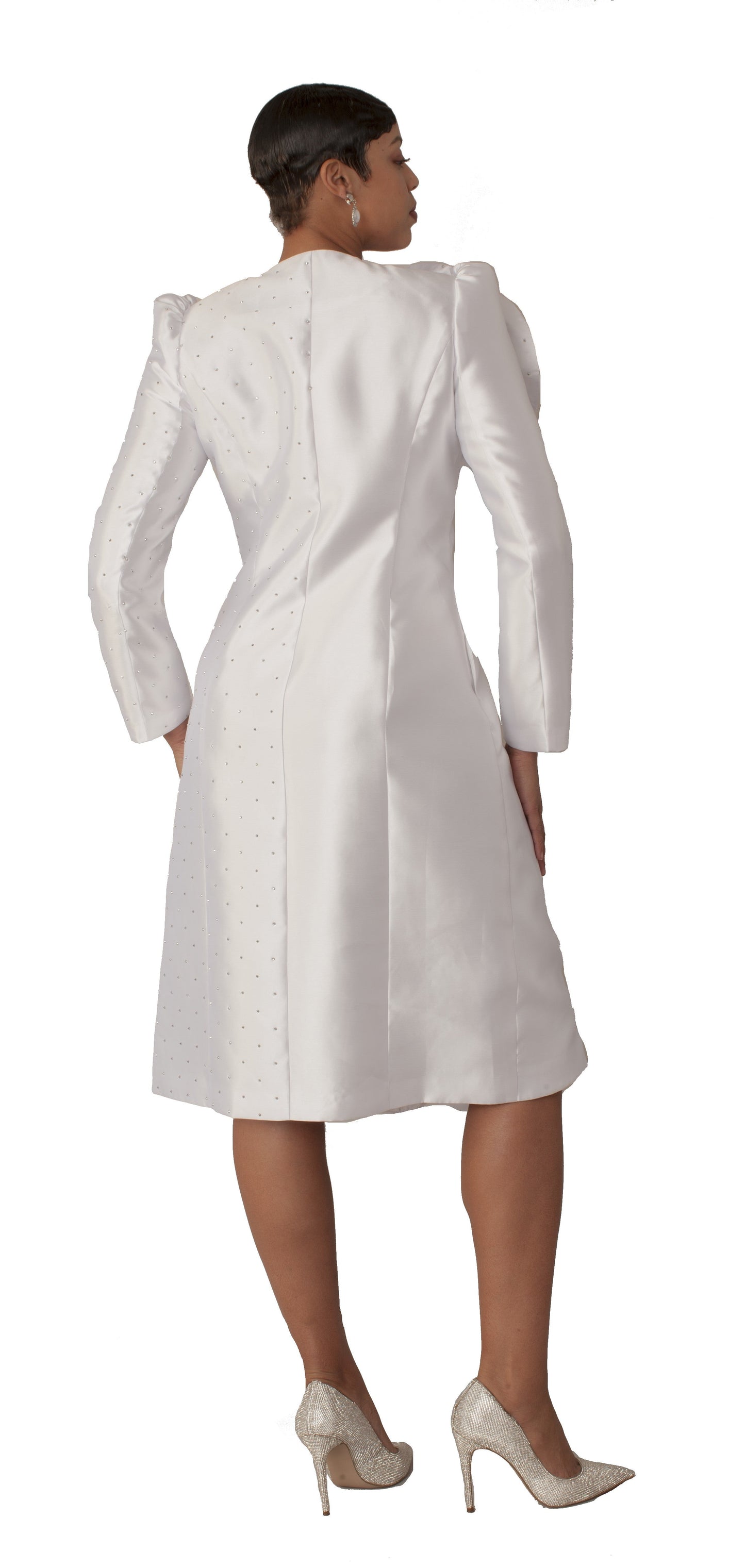 Back view of pearl studded floral applique coat dress in white, Tally Taylor