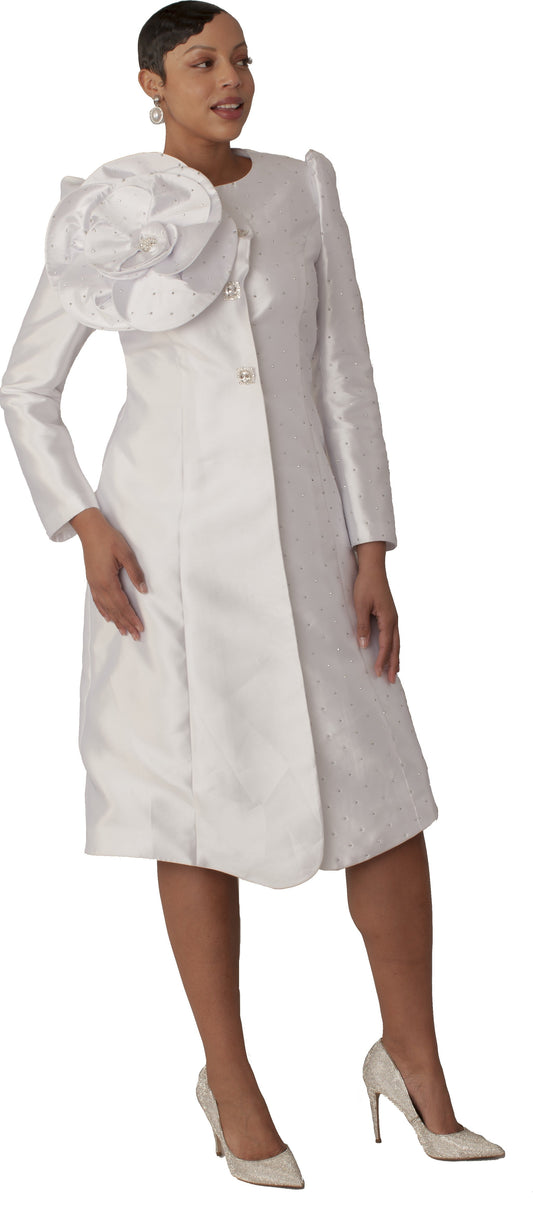 Pearl studded floral applique coat dress in white with statement shoulder detail, front angled view, Tally Taylor