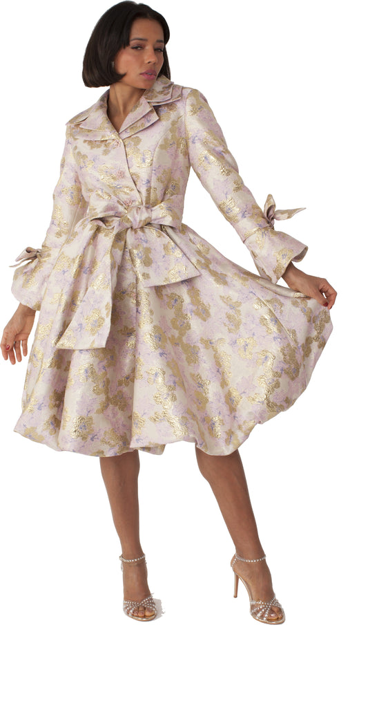 Model wearing a metallic floral jacquard coat dress with gold floral detailing, front twirl pose showcasing full skirt movement by Tally Taylor
