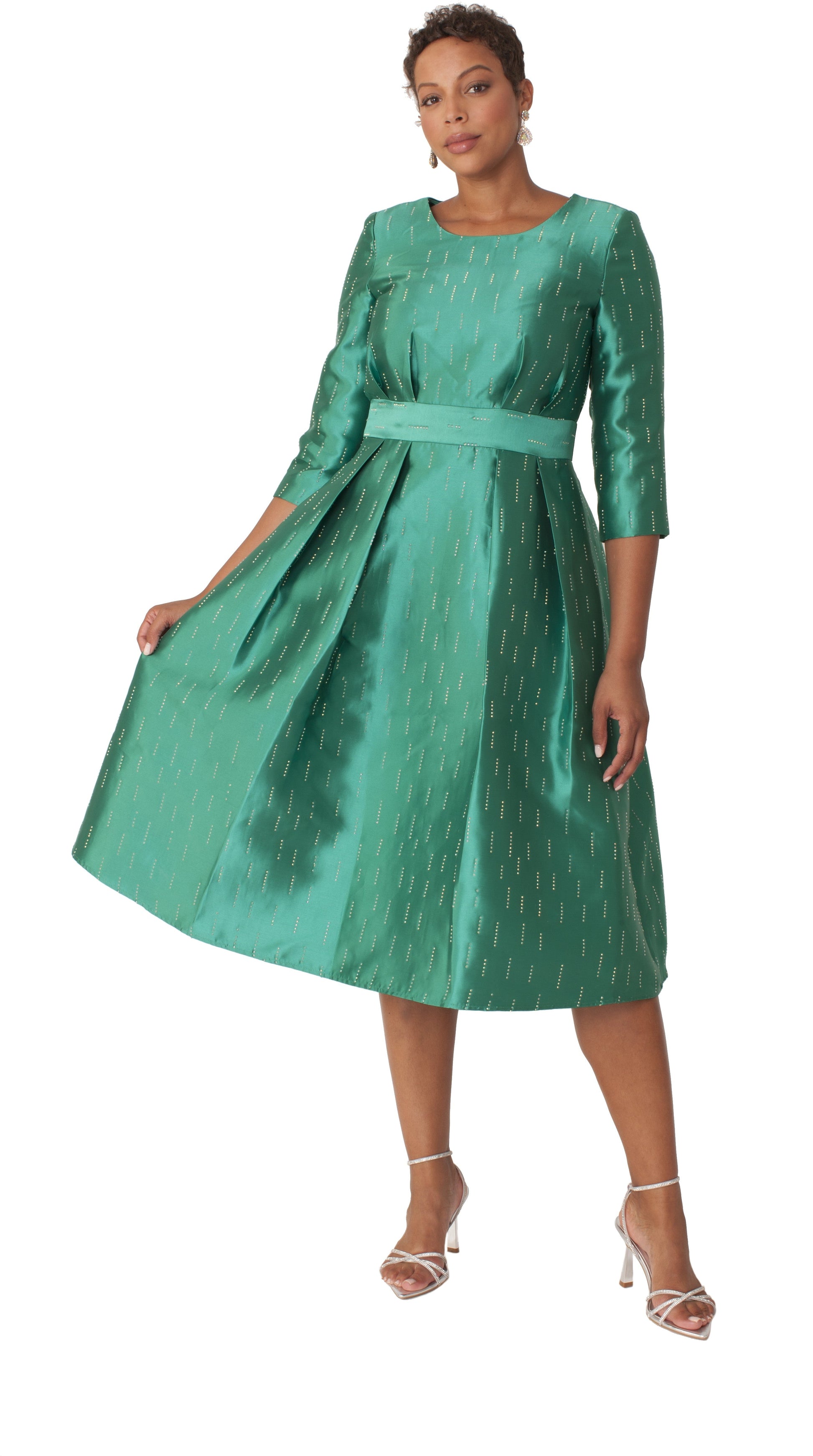 Emerald shimmer A-line tea length dress with fitted bodice and pleated skirt shown from the front by Tally Taylor