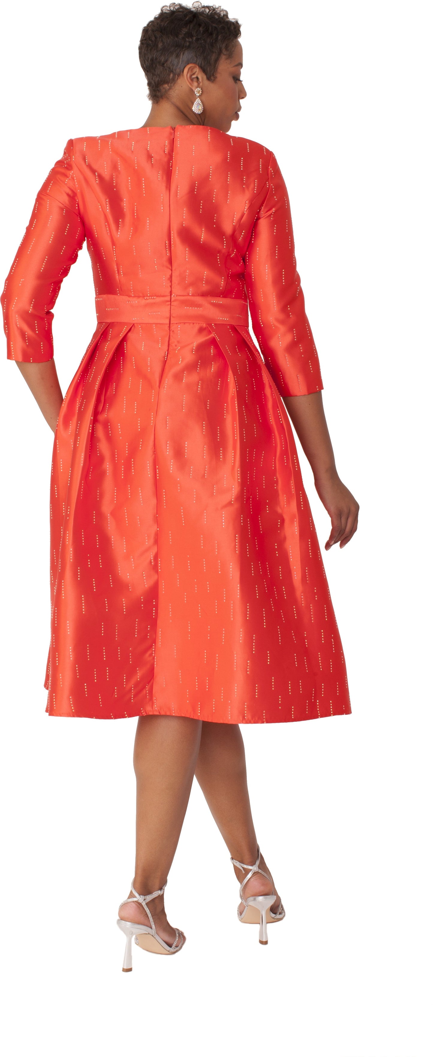 Back view of red shimmer A-line tea length dress with three-quarter sleeves, fitted waist, and pleated skirt by Tally Taylor
