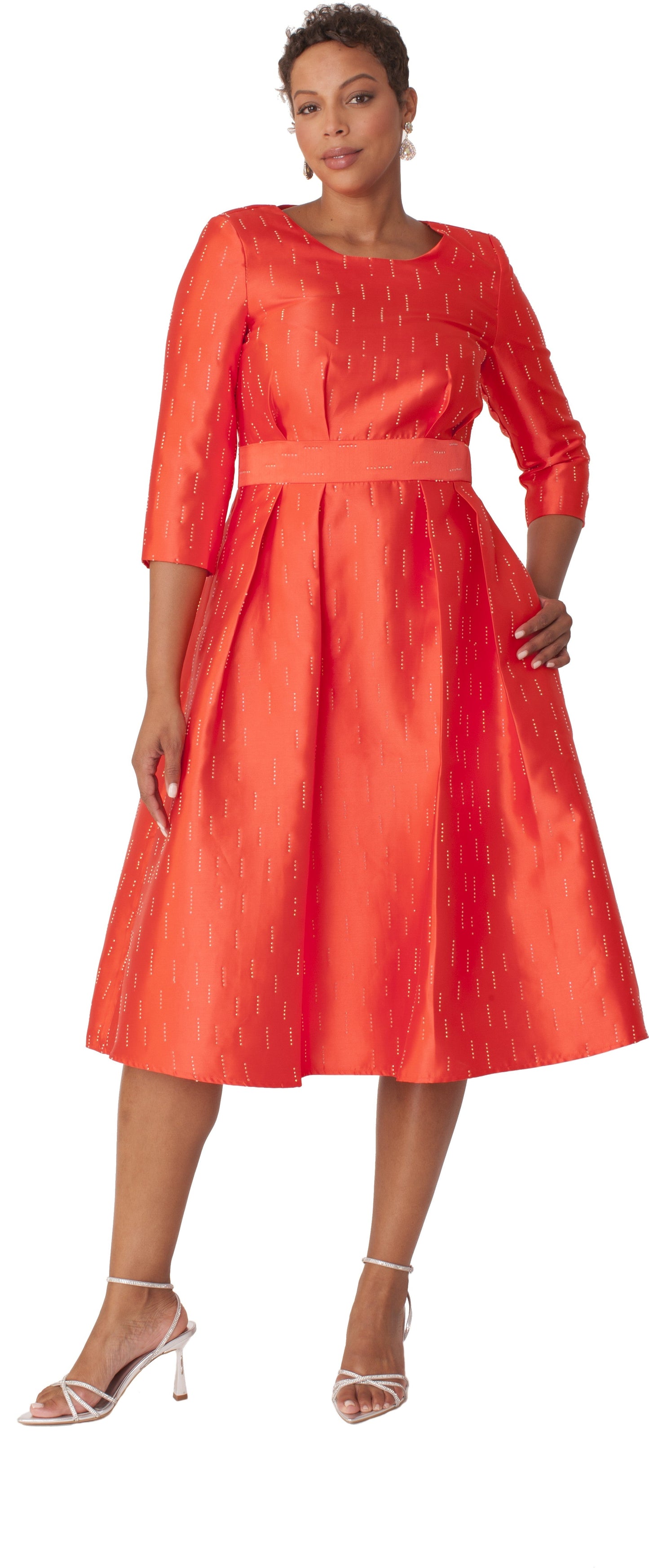 Red shimmer A-line tea length dress with fitted bodice and pleated skirt shown from the front by Tally Taylor
