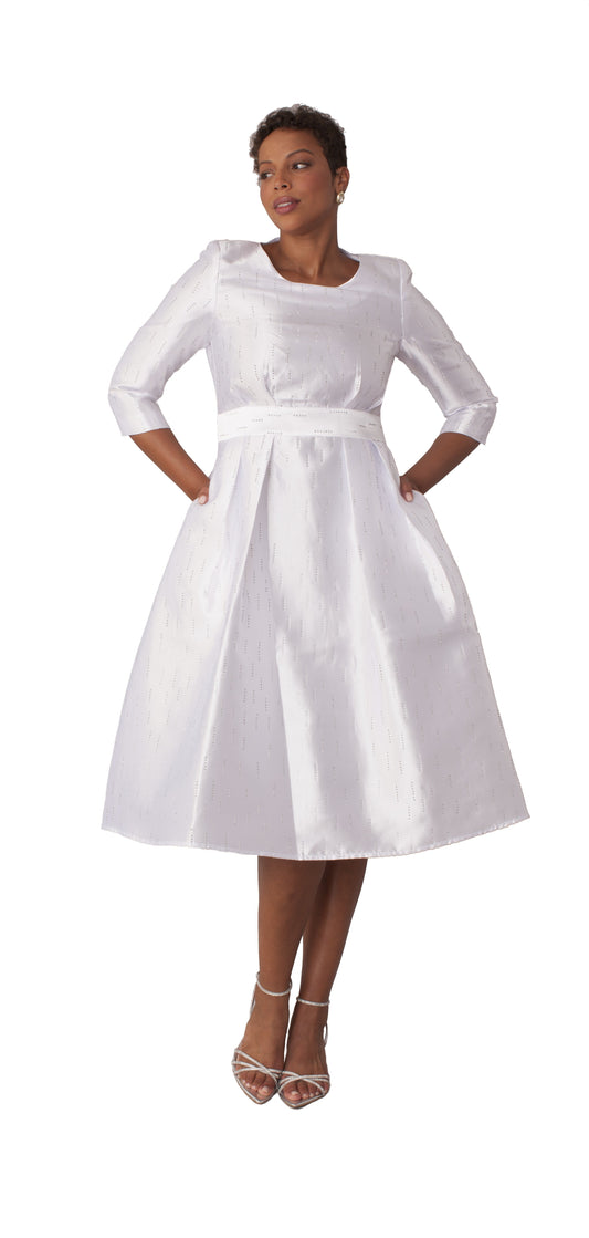 White shimmer A-line tea length dress with fitted bodice and pleated skirt shown from the front by Tally Taylor